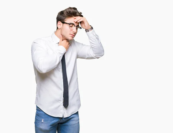 Young Business Man Wearing Glasses Isolated Background Touching Forehead Illness — Stock Photo, Image