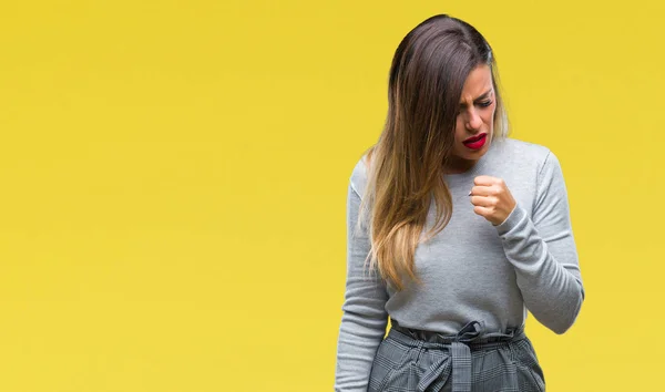 Jovem Bela Mulher Negócios Trabalhador Sobre Fundo Amarelo Sentindo Mal — Fotografia de Stock