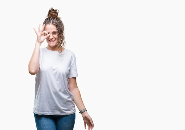 Schöne Junge Brünette Lockige Haare Mädchen Trägt Eine Brille Über — Stockfoto