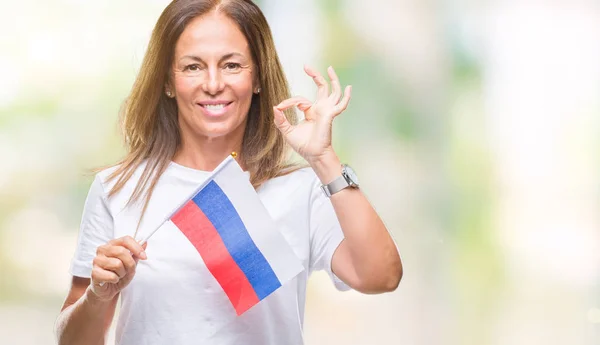 Middelbare Leeftijd Spaanse Vrouw Houdt Van Vlag Van Rusland Geïsoleerde — Stockfoto