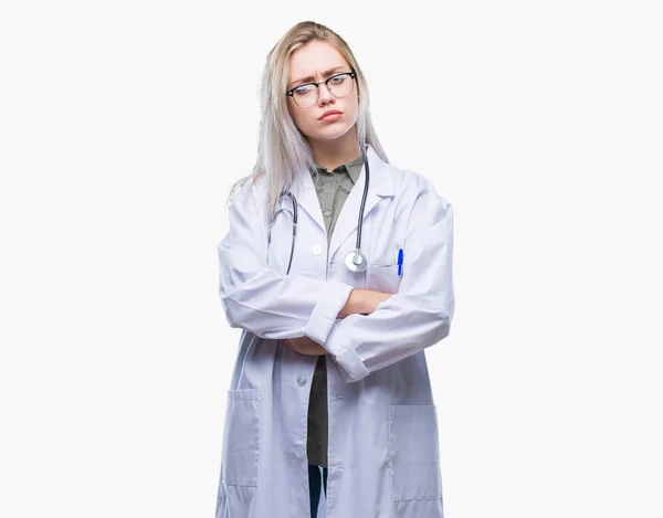 Young Blonde Doctor Woman Isolated Background Skeptic Nervous Disapproving Expression — Stock Photo, Image