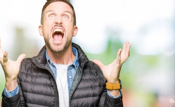 Handsome Man Wearing Winter Coat Crazy Mad Shouting Yelling Aggressive — Stock Photo, Image