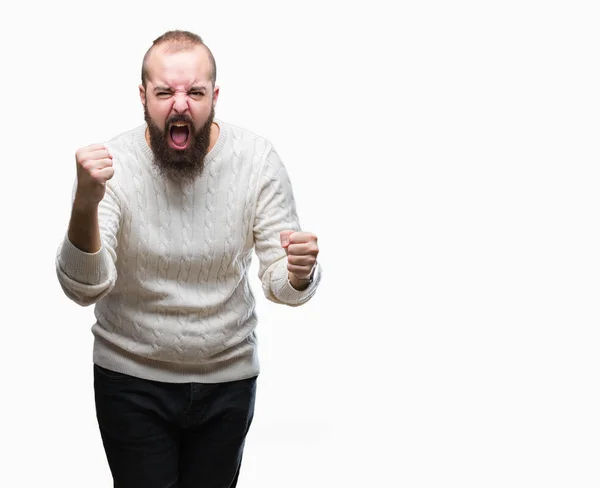 Giovane Uomo Hipster Caucasico Indossa Maglione Invernale Sfondo Isolato Arrabbiato — Foto Stock