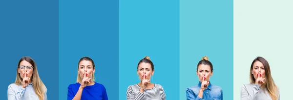 Collage Young Beautiful Woman Blue Stripes Background Asking Quiet Finger — Stock Photo, Image