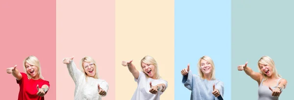 Collage Vacker Blond Kvinna Över Färgglada Ränder Isolerade Bakgrunden Godkänner — Stockfoto