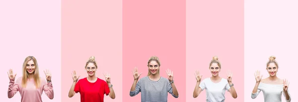 鮮やかなカラフルなビンテージ ピンク孤立の背景表示と指で上向きに若い美しいブロンドの女性のコラージュ ナンバー ナイン自信を持って 幸せな笑みを浮かべて — ストック写真