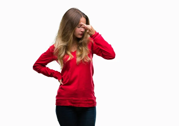 Jovem Mulher Loira Bonita Vestindo Camisola Vermelha Sobre Fundo Isolado — Fotografia de Stock