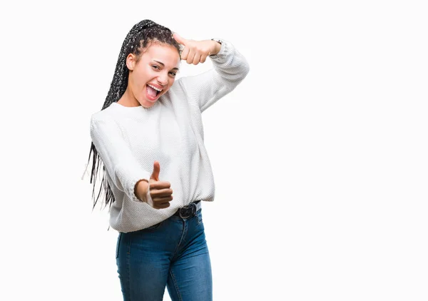 Giovane Capelli Intrecciati Ragazza Afro Americana Indossa Maglione Invernale Sfondo — Foto Stock