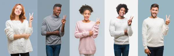 Kolaż Grupy African American Hiszpanin Ludzie Swetrze Zima Nad Tło — Zdjęcie stockowe