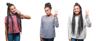 Kolaj gösterilen ve parmakları ile işaret izole arka plan güzel örgülü saç Afrikalı-Amerikalı kadın, üçüncü ise kendinden emin ve mutlu gülümseyerek.