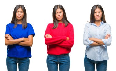 Kolaj üzerinde beyaz izole arka plan şüpheci ve sinir, onaylamayan ifade yüz çapraz kolları üzerinde duran Asya genç kadın. Negatif kişi.