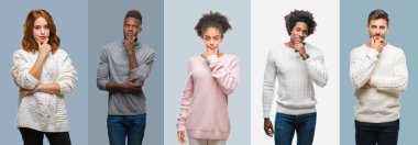 Kolaj grup emin çapraz kollar ve çeneme kaldırdı el ile gülümseme ile kameraya bakarak antika arka plan üzerinde kış kazak giyen Afro-Amerikan ve İspanyol insan. Pozitif düşünce.