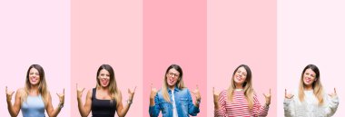 Genç güzel kadın deli ifade rock simge elle yapıyor ile bağırarak pembe çizgili arka plan yüzünden kolaj. Müzik yıldızı. Ağır kavramı.