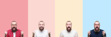 Kolaj izole arka plan kutlama şaşırttı ve başarı için kaldırdı Kollarını açarak hayret ve gözleri açık renkli çizgiler üzerinde sakallı genç adam. Kazanan kavramı.