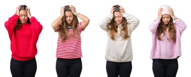 Çünkü çaresiz ve stresli baş ağrısı acı izole arka plan güzel genç kadın kolaj ağrı ve migren. Ellerini kafasına.