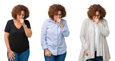 Kolaj orta yaş üst düzey kadın beyaz bir arka plan duygu hasta ve öksürük semptom olarak soğuk veya bronşit için izole. Sağlık kavramı.