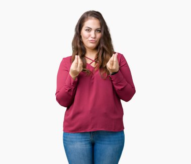 Artı boyutu genç kadın izole arka plan güzel yapıyor para jest maaş ödeme için milyoner iş isteyen el ile