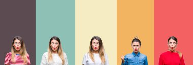 Kolaj genç güzel kadın renkli vintage arka plan yapma balık yüzüne dudaklı, çılgın ve komik bir jest. Komik ifade.