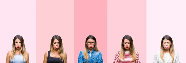 Collage Joven Hermosa Mujer Sobre Rayas Rosadas Fondo Deprimido Preocuparse —  Fotos de Stock