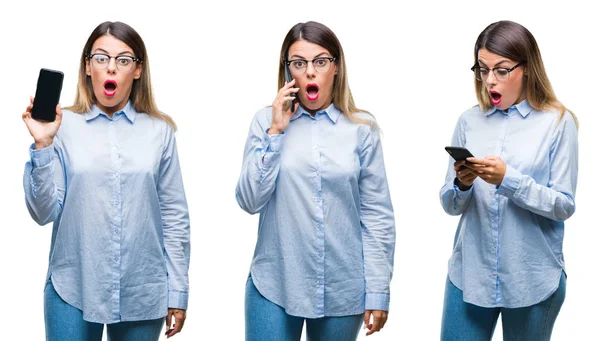 Collage Van Jonge Mooie Zakenvrouw Met Smartphone Geïsoleerde Achtergrond Bang — Stockfoto