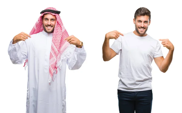 ハンサムな若い男隔離された背景の顔に笑顔と自信を持って 誇りと幸せな指で自分を指して上のアラブ人のコラージュ — ストック写真