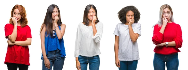 Collage Grupo Hermosas Mujeres Chinas Asiáticas Afroamericanas Caucásicas Sobre Fondo —  Fotos de Stock