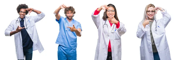 Collage Grupo Médicos Enfermeras Cirujanos Sobre Fondo Aislado Sonriendo Haciendo —  Fotos de Stock