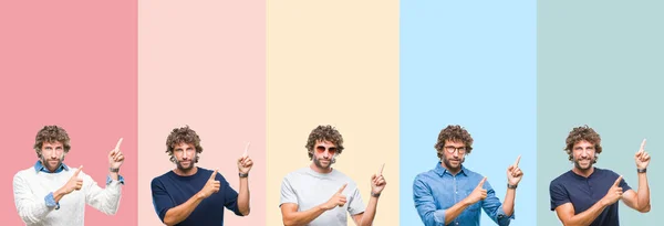 Collage Ung Casual Man Över Färgglada Ränder Isolerade Bakgrund Leende — Stockfoto