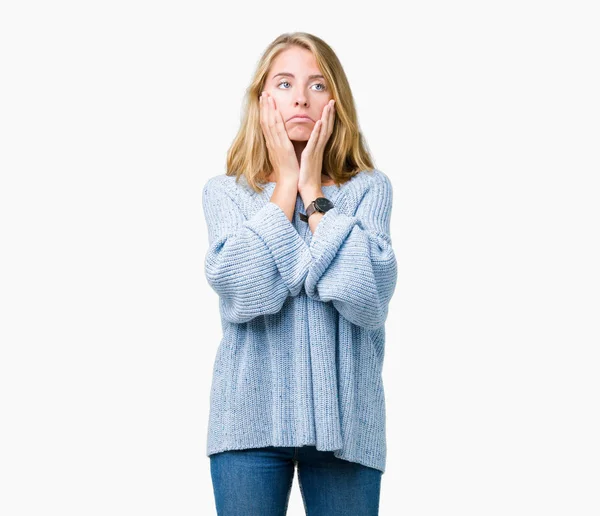 Bella Giovane Donna Che Indossa Maglione Blu Sfondo Isolato Mani — Foto Stock