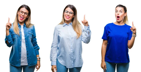 Collage Joven Hermosa Mujer Con Gafas Sobre Fondo Aislado Señalando —  Fotos de Stock