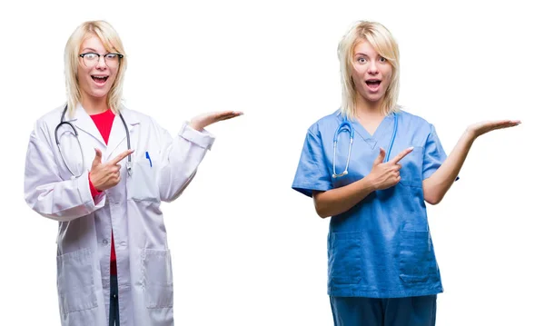 驚くし 手とを提示 指で指している間カメラに笑顔白い分離の背景に医師や看護師の女性のコラージュ — ストック写真