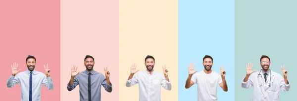 Colagem Homem Bonito Sobre Listras Coloridas Fundo Isolado Mostrando Apontando — Fotografia de Stock