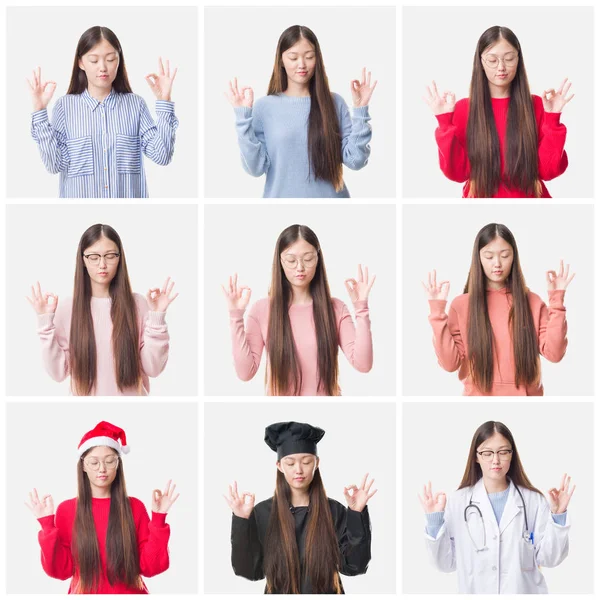 年轻医生拼贴 亚洲厨师孤立的背景放松和微笑闭着眼睛做冥想手势用手指 瑜伽概念 — 图库照片