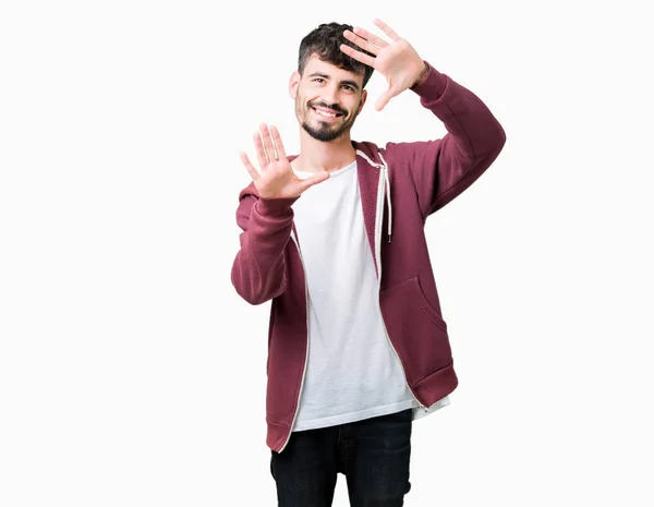 Jovem Homem Bonito Sobre Fundo Isolado Sorrindo Fazendo Quadro Usando — Fotografia de Stock