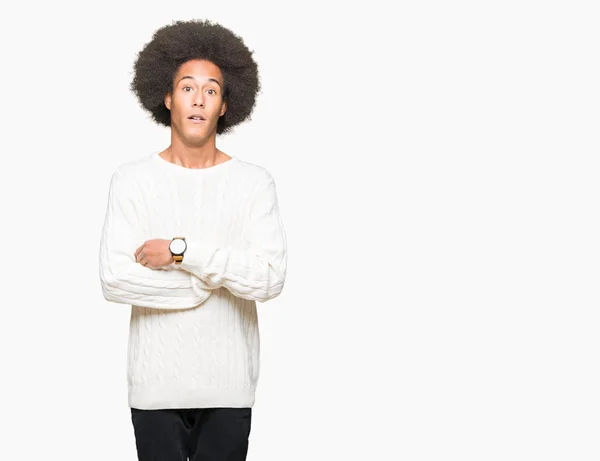 Jovem Americano Africano Com Cabelo Afro Vestindo Camisola Inverno Com — Fotografia de Stock