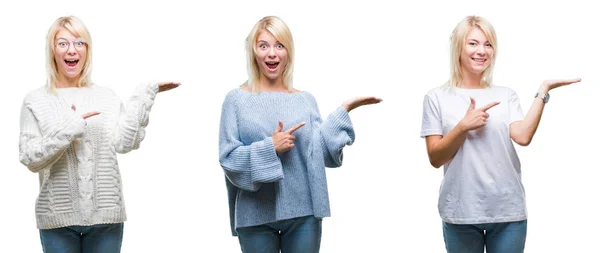 Collage Bella Donna Bionda Che Indossa Maglione Invernale Sfondo Isolato — Foto Stock