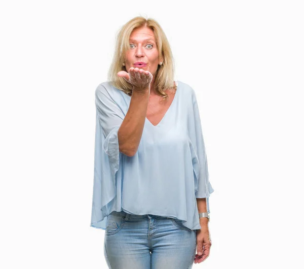 Middle Age Blonde Business Woman Isolated Background Looking Camera Blowing — Stock Photo, Image