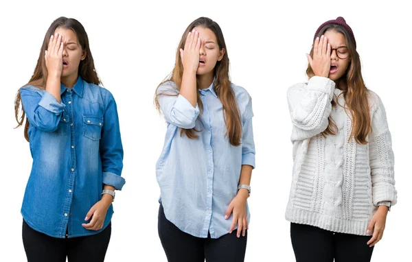 Collage Vackra Unga Kvinnan Över Isolerade Bakgrund Gäspningar Trött Som — Stockfoto