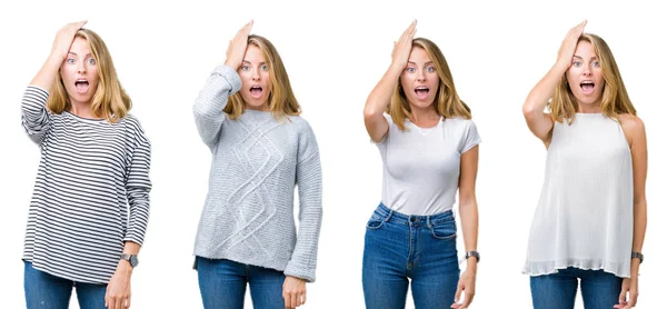 Collage Von Schönen Blonden Frau Über Weißen Isolierten Hintergrund Überrascht — Stockfoto