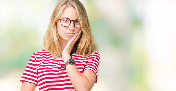 Beautiful Young Woman Wearing Glasses Isolated Background Thinking Looking Tired — Stock Photo, Image