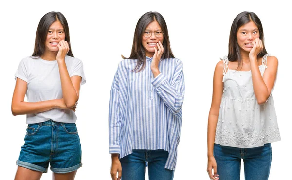 Colagem Asiático Jovem Mulher Sobre Branco Isolado Fundo Olhando Estressado — Fotografia de Stock