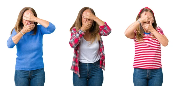 Collage Hermosa Mujer Mediana Edad Sobre Fondo Aislado Cubriendo Los — Foto de Stock