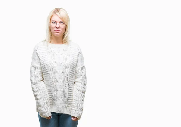 Junge Schöne Blonde Frau Mit Winterpullover Und Brille Über Isoliertem — Stockfoto