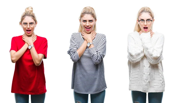 Collage Joven Hermosa Mujer Rubia Sobre Fondo Aislado Gritando Sofocar —  Fotos de Stock