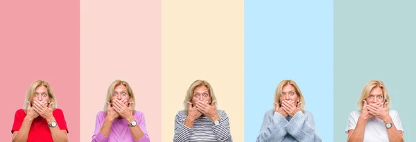 Collage Von Senioren Mittleren Alters Schöne Frau Über Bunte Streifen — Stockfoto