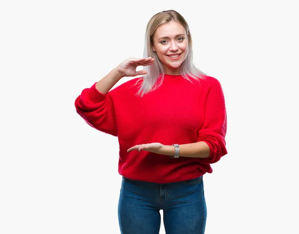 Young Blonde Woman Wearing Winter Sweater Isolated Background Gesturing Hands — Stock Photo, Image