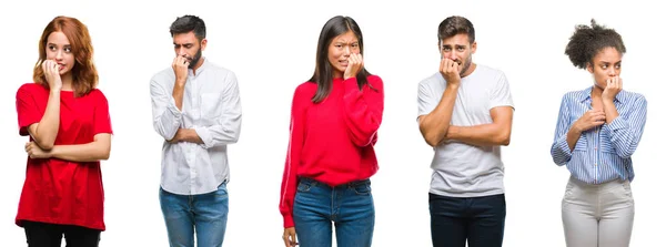 拼贴组中国 西班牙裔人在孤立的背景看起来紧张和紧张的手在嘴咬指甲 焦虑问题 — 图库照片
