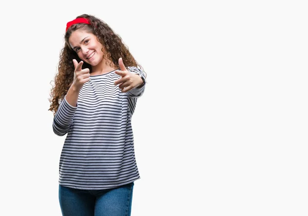 Beautiful Brunette Curly Hair Young Girl Wearing Stripes Sweater Isolated — Stock Photo, Image