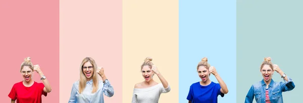 Collage Beautiful Blonde Woman Colorful Stripes Isolated Background Angry Mad — Stock Photo, Image