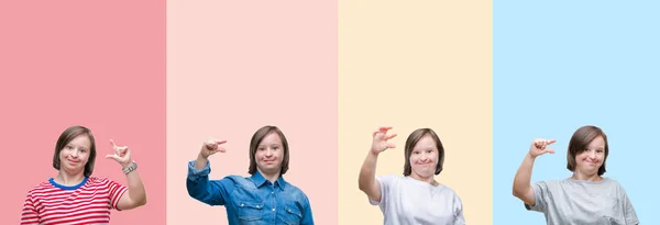 Collage Von Syndrom Frau Über Bunten Streifen Isoliert Hintergrund Lächelnd — Stockfoto